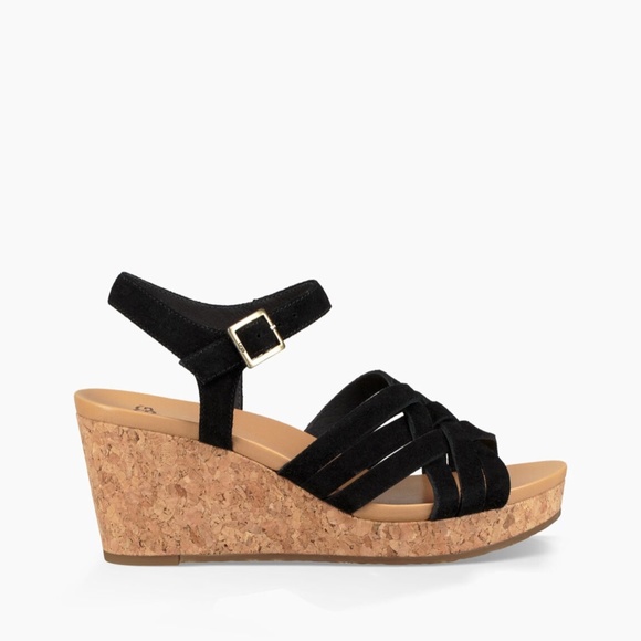 UGG Uma Black Suede Leather Cork Wedge Platform Heels Sandal Ankle Strap 9.5 - Picture 4 of 16